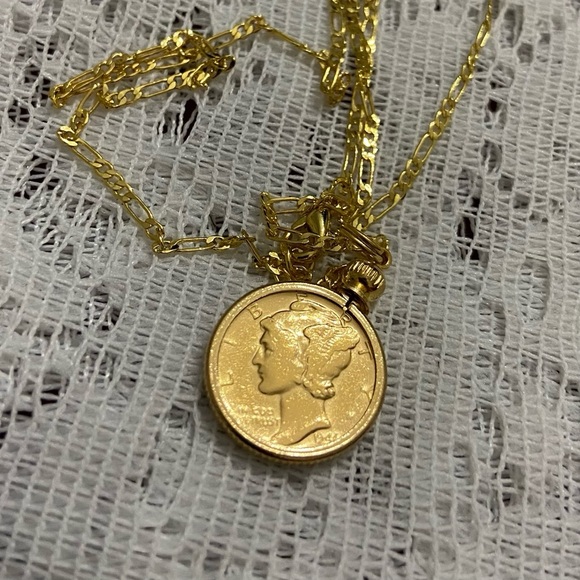 (SOLD) Authentic 1944 Silver Mercury Dime, Gold Plated with  18-inch Gold Filled - Picture 4 of 8